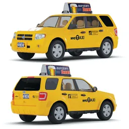 Detailed NYC Taxi 3D model with procedural dirt shader, rust options, and dynamic taxi topper textures in Blender.