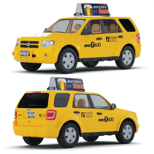 Detailed NYC Taxi 3D model with procedural dirt shader, rust options, and dynamic taxi topper textures in Blender.