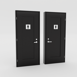 "Blender 3D model of restroom doors - Ladies and Gents design with black finish and locks on each side. Detailed 3D render with wooden toilet borders and flat chrome relief in grey tones, perfect for architectural visualization and interior design projects."