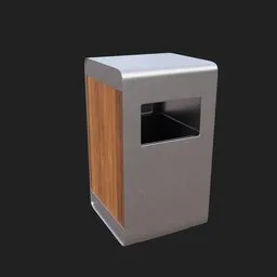 Realistic modern 3D street bin model, with a sleek design incorporating metal and wood textures, compatible with Blender.