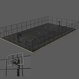 "Full scale basketball court 3D model with 8ft high baskets and fences, inspired by Mikhail Evstafiev, created using Blender 3D software. Perfect for game development or architectural visualization."