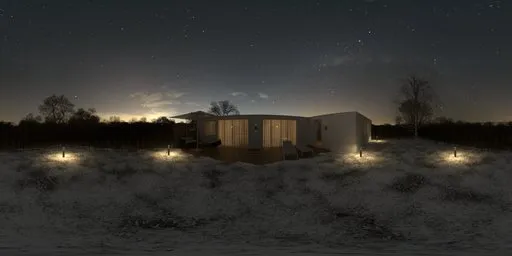 Tranquil winter night garden scene with 12K resolution and a star-lit sky, perfect for 3D scene illumination.