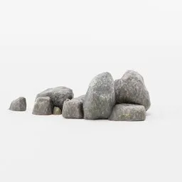 "Low-poly stone outcrop rock formation model for Blender 3D, featuring PBR textures for realistic rendering in landscape scenes. Inspired by Gao Xiang and Vija Celmins, this rock formation is perfect for creating winter landscapes with boulders, shrines, and tombstones."