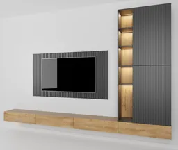 Detailed 3D rendered TV wall with shelf lighting for Blender artists and interior designers.