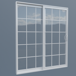 "Jeld-wen's V-2500 Sliding Patio Door in white vinyl paint - 3D model for Blender 3D software. The door measures 80" x 69" / 202cm x 177cm and opens by dragging an arrow. Photorealistic with reflective windows and mist filters."