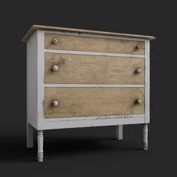 Detailed 3D wooden dresser model with openable drawers, white accents, ideal for Blender 3D projects in hall settings.