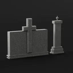 "Low-poly Tombstone 3D model for Blender featuring detailed designs and realistic textures. Ideal for game and animation projects related to death. Includes two examples of tombstones on a black background with contrasting small features."