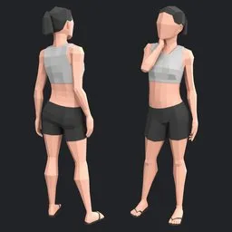 Low poly woman in a tank top and shorts