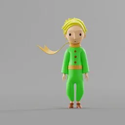 "Low-poly 3D model of a charming Little Prince, complete with rigging for seamless animation in Blender 3D. Explore the streets with this fun fantasy character inspired by Miyamoto's Abduzeedo. With uvs accommodated and flowing golden scarf, create your very own animated adventure."