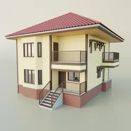 Detailed Blender 3D model of a two-story South African-style home with balconies and a red roof.