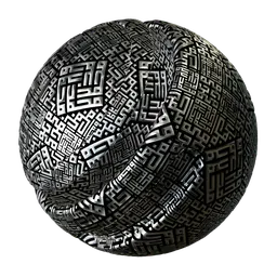 High-detail metallic tribal ornament PBR material with adjustable emission for Blender 3D, featuring intricate patterns and customizable nodes.