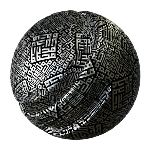 High-detail metallic tribal ornament PBR material with adjustable emission for Blender 3D, featuring intricate patterns and customizable nodes.