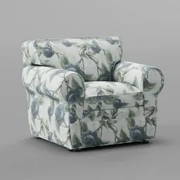 Detailed 3D Blender model of a floral-patterned modern armchair with plush cushions.