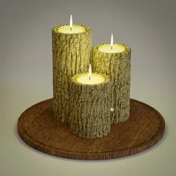 3D-rendered rustic wood candle models with lit flames on circular base, optimized for Blender visualization.
