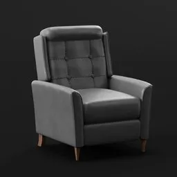 High-quality 3D-rendered gray leather recliner with tufted backrest and wooden legs, suitable for Blender animations.
