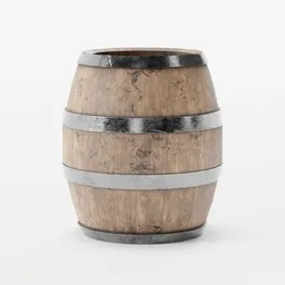 Wooden barrel 3D model with metal bands, textured for realistic rendering, compatible with Blender for asset design.