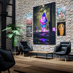 Minimalist interior 3D scene with brick wall, art displays, modern chairs, and plant created in Blender.