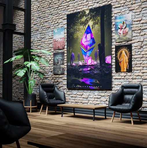 Minimalist interior 3D scene with brick wall, art displays, modern chairs, and plant created in Blender.