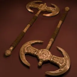 Detailed ornate 3D greataxe model, worn texture, ideal for Blender 3D rendering and game asset design.