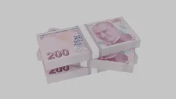 Highly detailed 3D model of Turkish Lira notes, ideal for Blender renderings involving currency stacks.