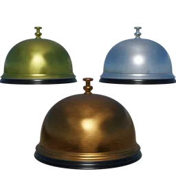 "Metallic service bell with black plastic base, available in copper, brass or chrome shaders, perfect for restaurant or bar scene in Blender 3D. Detailed, high-quality render in Unreal Engine 5."