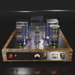 Detailed 3D model of a high-end stereo tube amplifier with illuminated VU meters and textured surfaces.