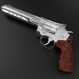 "A high-quality 3D model of a Wingun-702 revolver with a wooden handle. This detailed model features metallic white coloring and was created with Blender 3D software. Perfect for equipment or weapon-related rendering projects."
