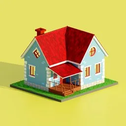 "Stylized house - customizable materials for Blender 3D. Brightly colored with a red roof and porch, this game icon asset features a unique twist inspired by Charles Hinman. Rendered with Redshift Houdini and available on Renderhub Next2020."