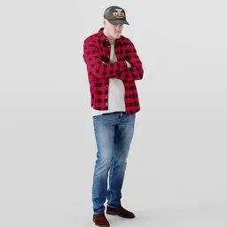 Blond 3D model male in red checkered shirt with crossed arms wearing jeans and Chelsea boots, suitable for Blender.