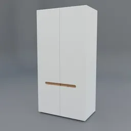 "White wardrobe 3D model with wooden handle and two front pockets, created with Blender 3D in 2019. Large and comfortable design, perfect for storing clothes. Front, back, side and full height views available."