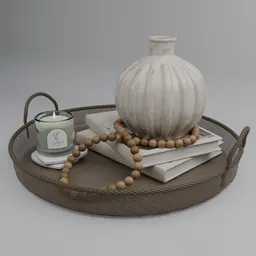 Detailed 3D rendered wicker tray with vase, candle, books, and beads, ideal for Blender decorative scenes.