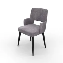 High-quality 3D-rendered gray fabric dining chair with sleek black legs, compatible with Blender, showcasing detailed textures.