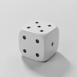 Alt Text: "Close-up of a white dice with black dots, inspired by Phil Foglio's minimalistic style. Created using Autodesk 3ds Max in Blender 3D software, this 3D model depicts a simple yet captivating design. Perfect for various scenarios in team-based projects. Download now for Blender 3D and enhance your visualization."