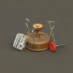 Realistic Blender 3D render of a vintage mountaineering stove with detailed metal finishes and camping cookware.