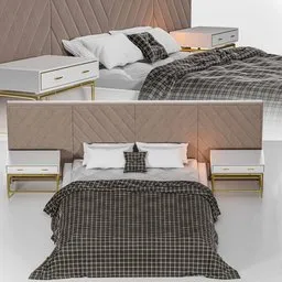 "Explore the Andria Bed by Cazarina in stunning 3D detail with high-quality materials like velvet and gold. Perfect for Blender 3D users, this geometrically-designed bed features a headboard and nightstand in brown and gold, reminiscent of the artistry of Bernardo Daddi."