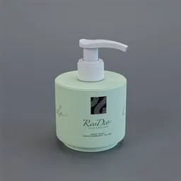 "Highly detailed 3D model of a liquid soap bottle with a white pump, perfect for Blender 3D. This model features daz3d genesis iray shaders and comes with a UV mapping that allows for easy label replacement. Ideal for projects requiring a realistic depiction of a liquid soap dispenser."