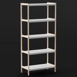 "White and wooden Ekenabben shelving unit by Ikea, 165 cm tall with single long stick design, rendered in Blender 3D in 2019. Swedish-made with no tiling, perfect for stacking and taller than average man. Based on instructions from the Latvian Ikea store website."