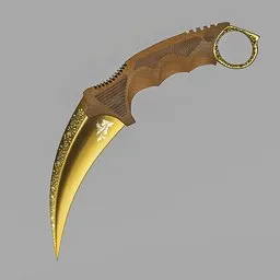 "Highly detailed gold Karambit knife with tribal yurta-inspired design and wooden jewelry accents, rendered in Blender 3D. Perfect for games and other digital applications."