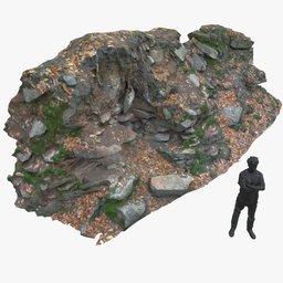 Photorealistic 3D rock wall model with moss, leaves, and 4k textures, suitable for Blender environments and rendering.