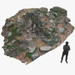 "Low-poly rock wall 3D model in Caledonian forest setting with 4k albedo, normal and rough textures for Blender 3D. Photogrammetry baked and 360-degree ready with all sides closed. Forest floor with dry sweet chestnut leaves."