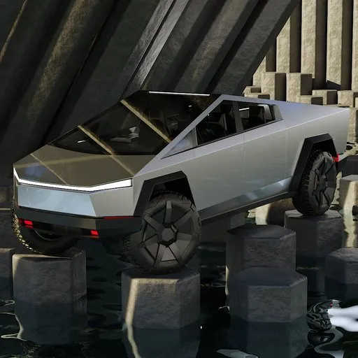 High-poly 3D model of a Tesla Cybertruck, accurately detailed and rigged for animation, compatible with Blender 3D.