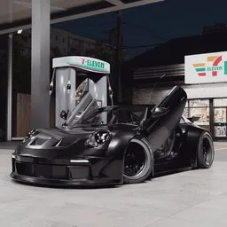 "Hyperrealistic black Porsche 922 GT3 racing car in 'Black Bird' style, parked in front of a gas station. This 3D model for Blender 3D showcases detailed interior, engine, and transmission, with scissor doors style. Rigged and ready to use, perfect for automotive enthusiasts and realistic renderings."