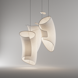 "Translucent beige Pendant Curve Lamp in Blender 3D, featuring a dynamic fold design with a light fabric-like material. Top reflects a mirrored touch. Ideal for modern interior spaces. Category: Ceiling-Light."