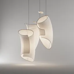 "Translucent beige Pendant Curve Lamp in Blender 3D, featuring a dynamic fold design with a light fabric-like material. Top reflects a mirrored touch. Ideal for modern interior spaces. Category: Ceiling-Light."