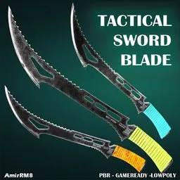 Detailed 3D tactical sword for game asset, showcasing PBR textures and low-poly design, ideal for Blender rendering.