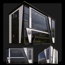 "Explore our photoreal public BusinessCentre 3D model designed by M3D in Blender 3D, featuring a black and white facade with Russian constructivism-inspired details and integrated circuits. Perfect for your architecture and design projects. Download now from BlenderKit."