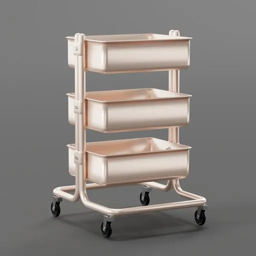 Detailed 3D rendering of a beige utility cart with shelves on wheels for Blender modeling and storage solutions.