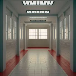 3D-rendered mental hospital corridor with cinematic lighting, reminiscent of a scene from an iconic movie.