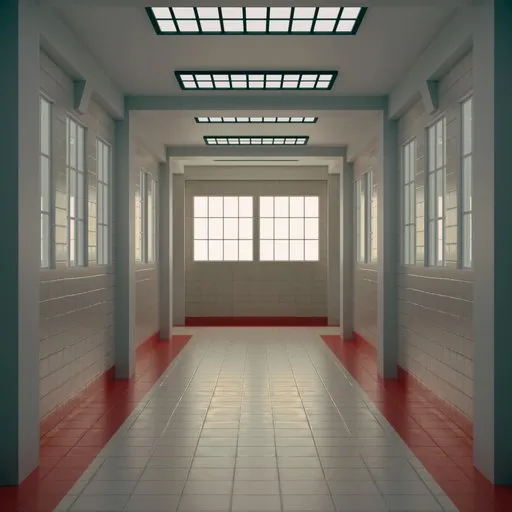 3D-rendered mental hospital corridor with cinematic lighting, reminiscent of a scene from an iconic movie.