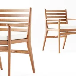 "Teak wood dining chair for outdoor interiors, designed with clean lines and pinned joints. Features white cushions for added comfort. Compatible with Blender 3D."